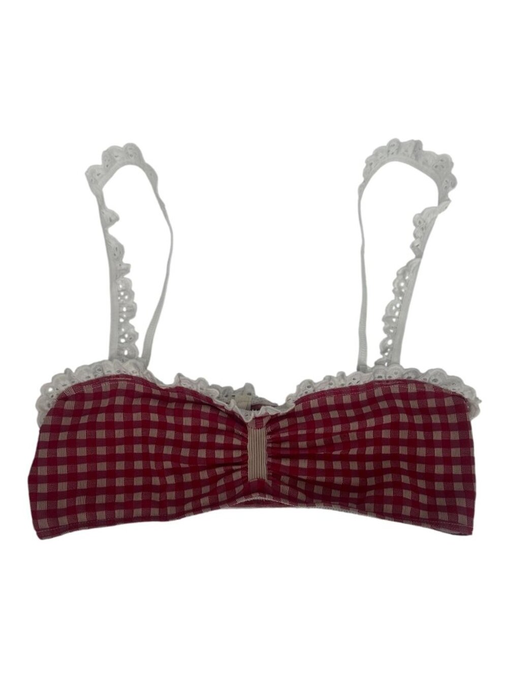 Anthropologie Gingham Lace Trim Ruched Bralette Crop Top Large Plaid Coquette